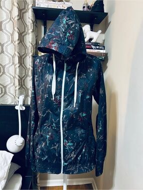 Oakley Black Floral Hooded Bomber Jacket with White Zipper